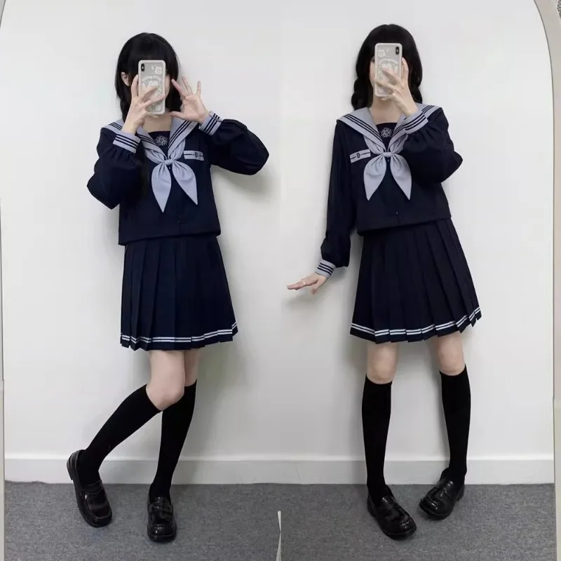 2024 New Japanese JK Uniform Preppy Style Sailor Suit Sweet Blue Long Short Sleeves Top Cinched Waist Pleated Skirt Set For Girl