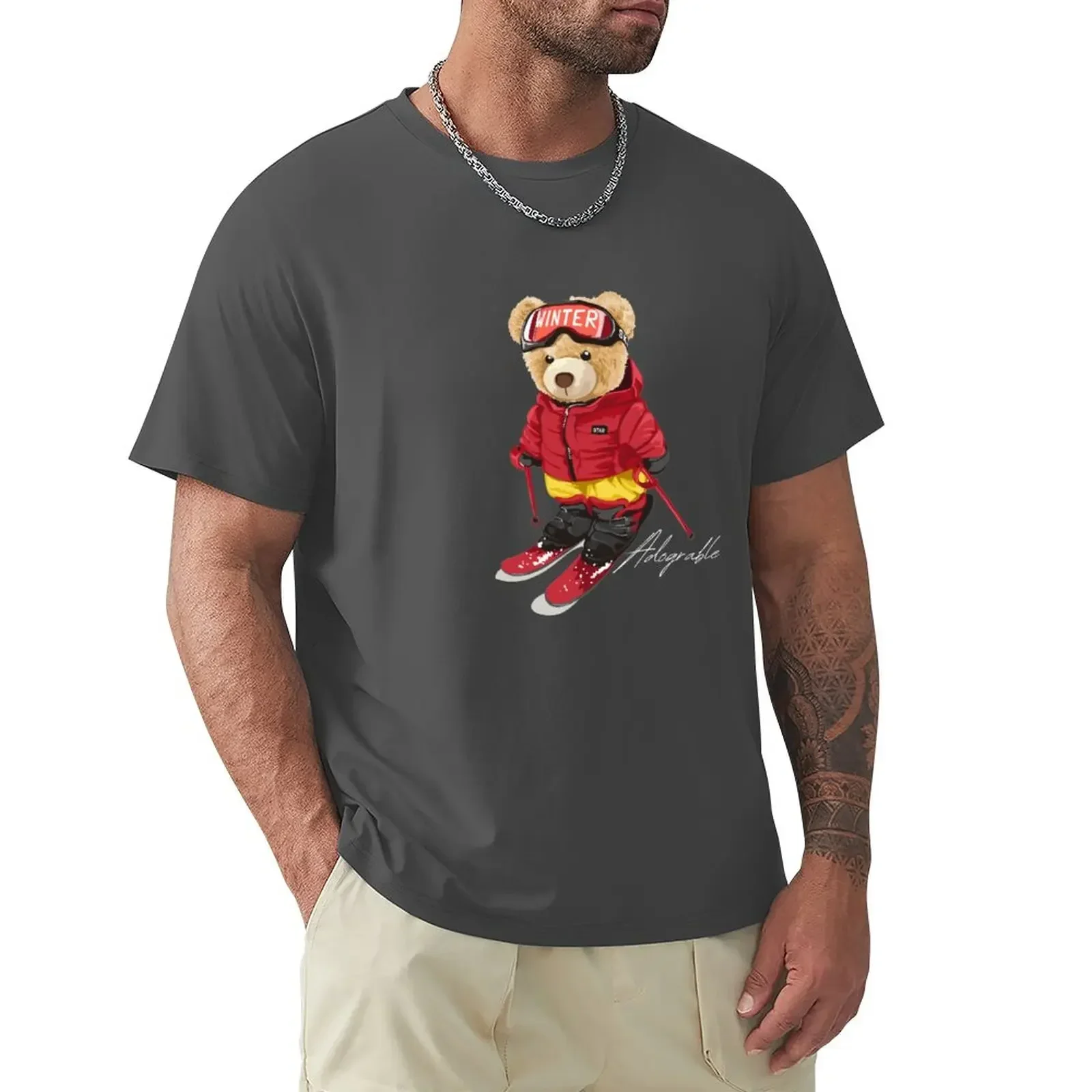 Cute Adorable bear Skiing - Adograble Ski T-Shirt animal prinfor boys Aesthetic clothing korean fashion Men's clothing