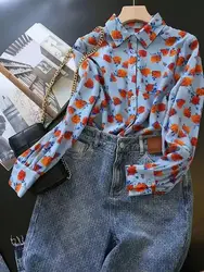 Lapel Long-sleeved Rose Print Versatile Shirt Regular Sleeve Button Splicing Elegant Cardigan
