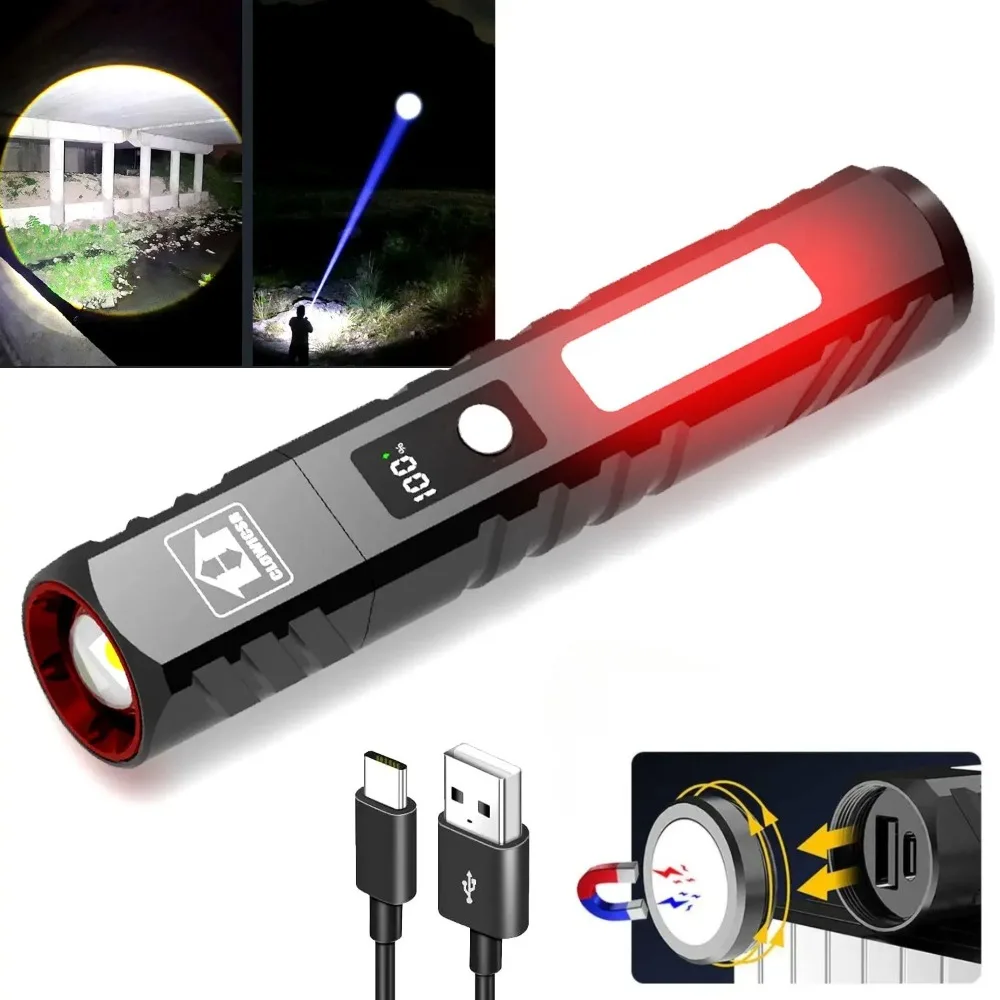 

Мощный светодиодный фонарик, 7 режимов, перезаряжаемый зум-фонарик с магнитом, встроенный аккумулятор, уличный рабочий фонарь COB для кемпинга