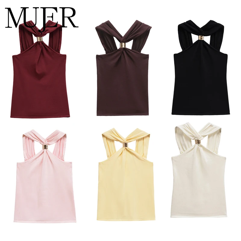 MUJER-Top corto con cuello Halter para mujer, camisetas sin mangas con corsé para mujer, Top de tubo con hombros descubiertos, camisola femenina, corpiño sin espalda, Tops para mujer