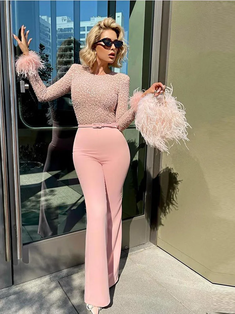 Women Causal Feather-paneled Sequined Faux Pearl Jumpsuit 2023 Spring Elegant Long Sleeve Top Flared Trousers Two Piece Sets