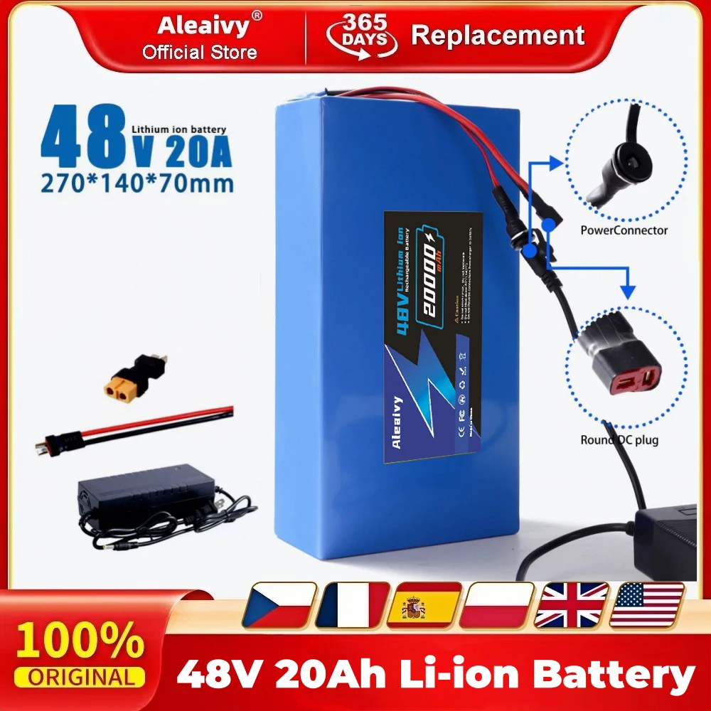 Aleaivy 48V 10Ah12Ah 16Ah 20Ah 13S7P Rechargeable Lithium Battery Pack with BMS, Suitable for 750W 1500W Electric Tool Batteries