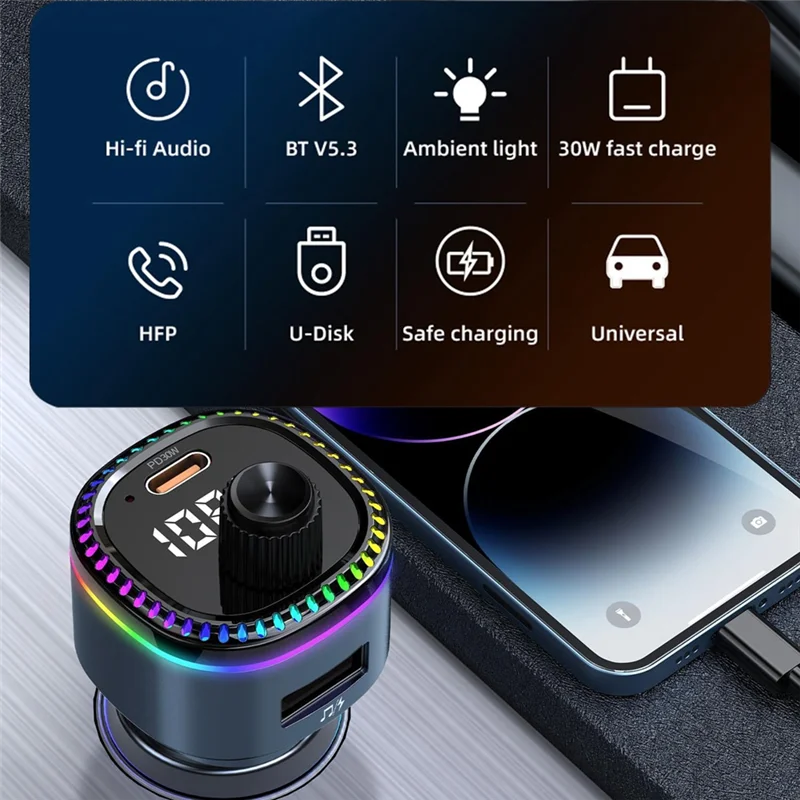 ABJA-Bluetooth 5.3 FM Transmitter For Car, Bluetooth Car Adapter, Support MP3 Player, Handsfree Calling, LED Backlit, U Disk