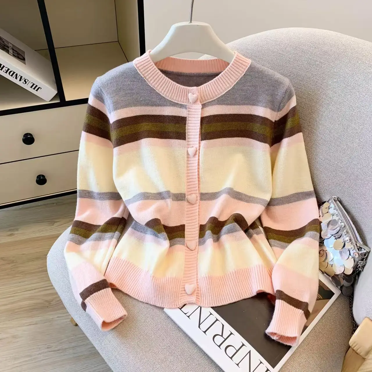 

Мягкий вязаный свитер в радужную полоску, женский милый шерстяной длинный свитер, круглый пуловер Ne, осень-зима, Новое поступление