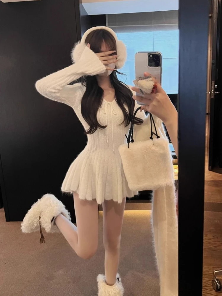 2024 Spring Knitted Y2k Short Party Dress Women White Elegant Slim Mini Dress Casual Kawaii One Piece Dress Korean Fashion Chic