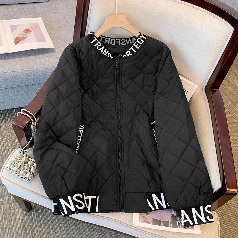 plus Size Women\'s Cotton Jacket Baseball Style Loose Fit Zipper Cardigan Short Outerwear Diamond Pattern Winter Coat
