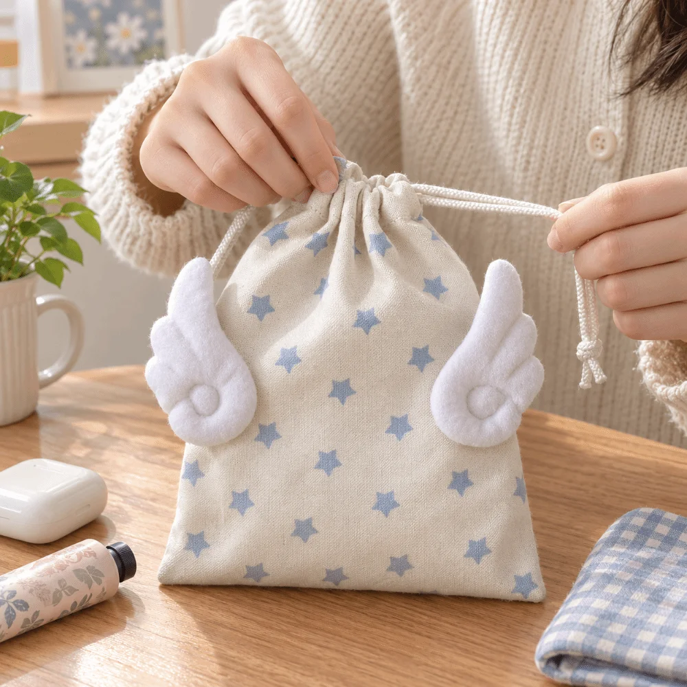 Fashion Canvas Drawstring Makeup Bag Portable Star Pattern Storage Pouch Dustproof Rope Small Organizer Gift