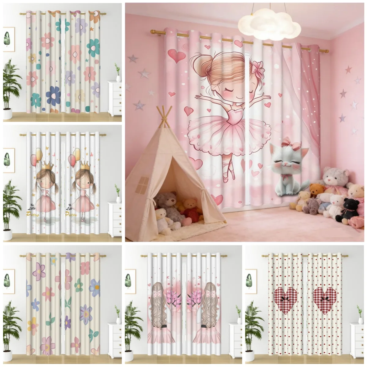 2pcs/set Ballet Girl Love Flower Window Curtain Modern Fresh Dreamy Bedroom Living Room Decor Blackout Polyester Fabric Curtains