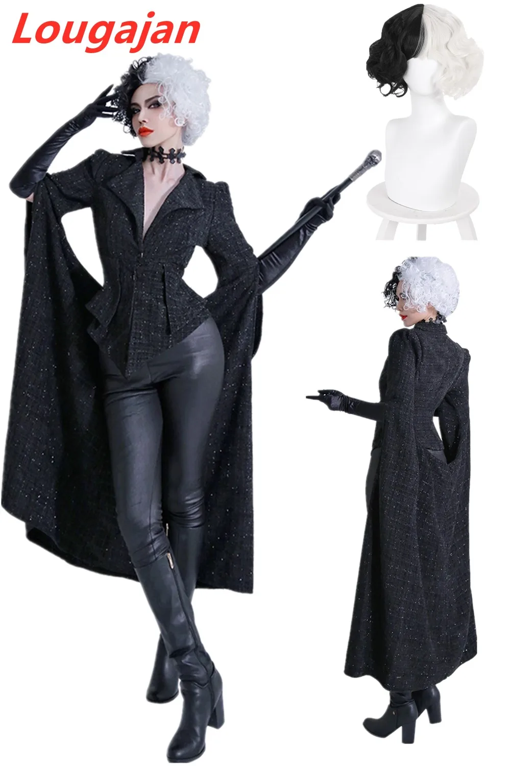 Disfraz de Cruella para mujer adulta, abrigo negro, peluca, trajes, Halloween, Carnaval, juego de rol, ropa de mujer