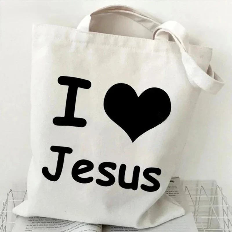 حقائب تسوق عصرية غير رسمية حقيبة تخزين حقيبة يد هدايا مسيحية الإيمان مطبوعة رسومات القلب المرأة قماش حقيبة كتف