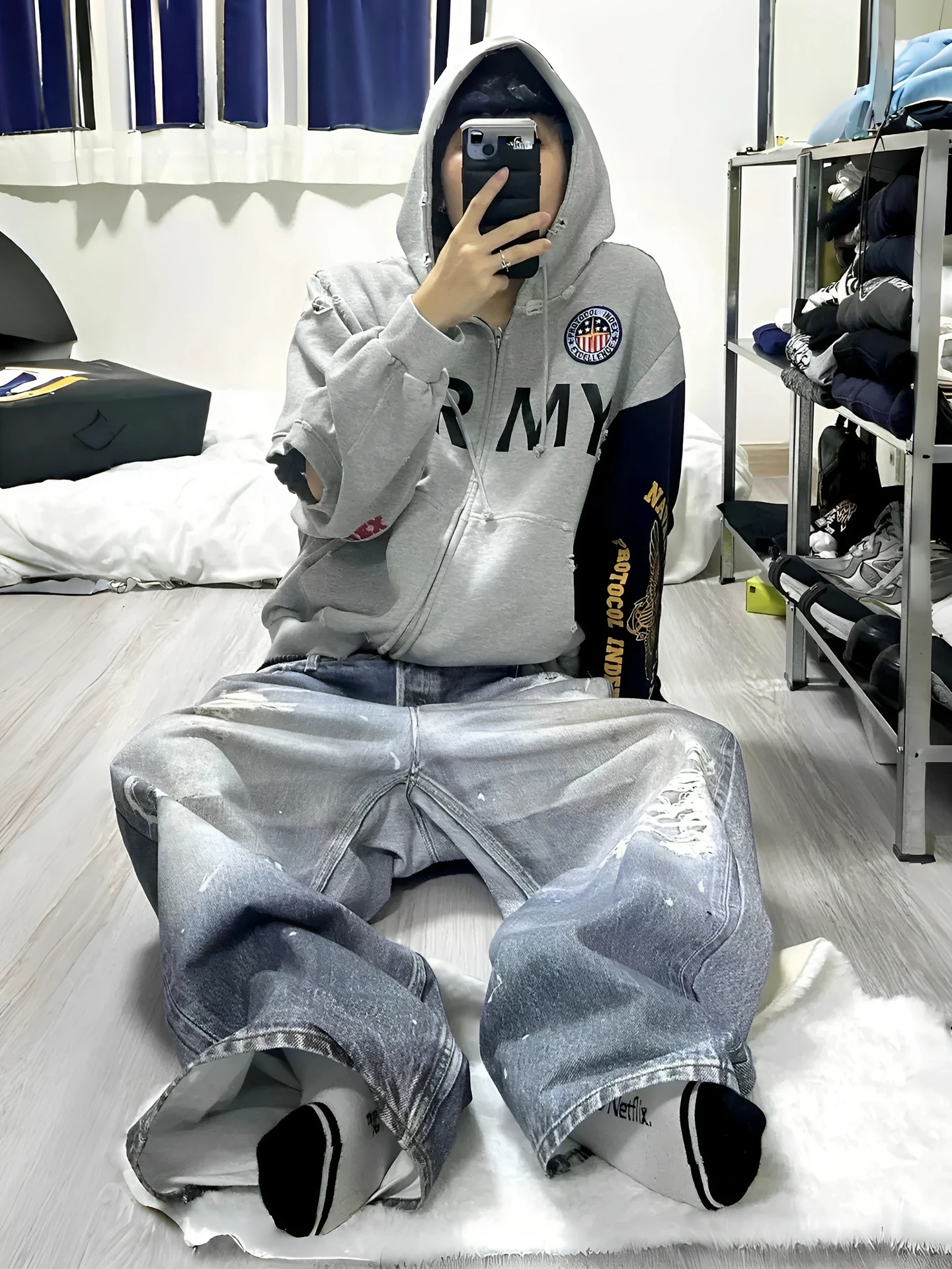 

Washed American Style Hoodie Sweatshirt Zipper Hood Men's Casual Long Sleeve Cotton Jacket for Couples Hole Design Streetwear