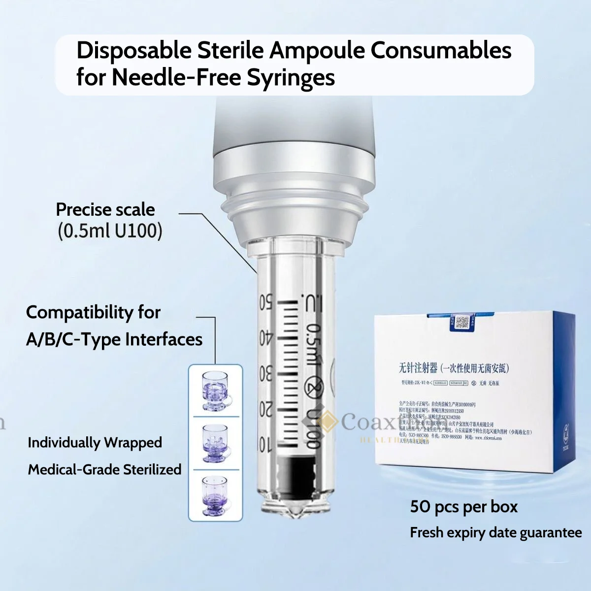 Disposable Sterile Ampoule Consumables For Needle‑Free Syringe 0.5ml U100 Vial Cartridge A B C Interface Compatible Accessories