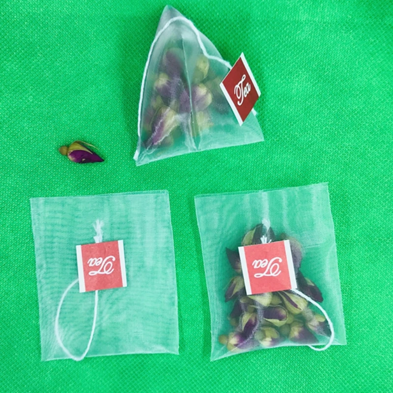 100 Pcs Disposable Pyramid Tea Bags Filter Bags for Tea Infuser with String Food Grade Nylon Fabric Spice Filters Teabags