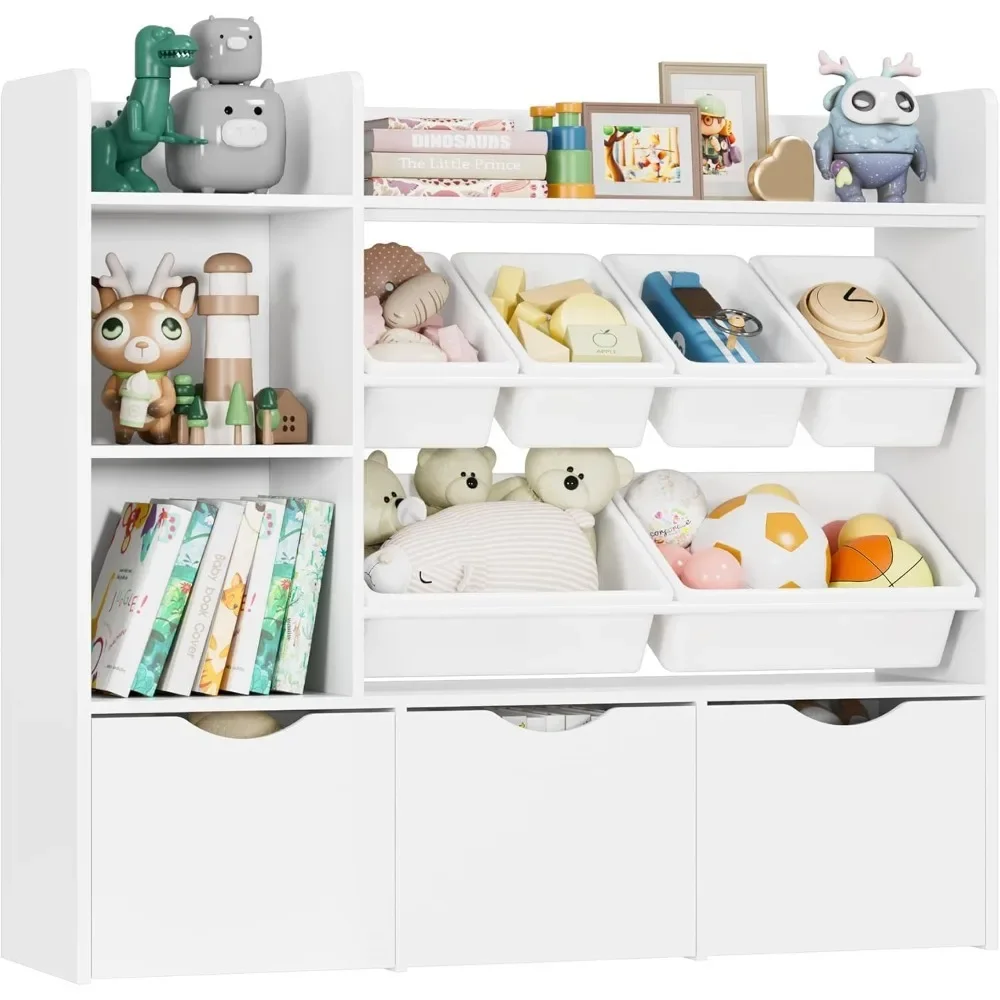 Toy Storage Organizer with 3 Movable Drawers, Bookshelf and Bookcase with 6 Plastic Bins & 2 Storage Cubbies, Toy Chest