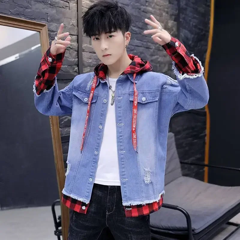 

Male Jean Coat Outwear With Hole Ripped Men's Denim Jacket Hooded Hat Light G Stylish One Piece Vintage Korea Loose Washed