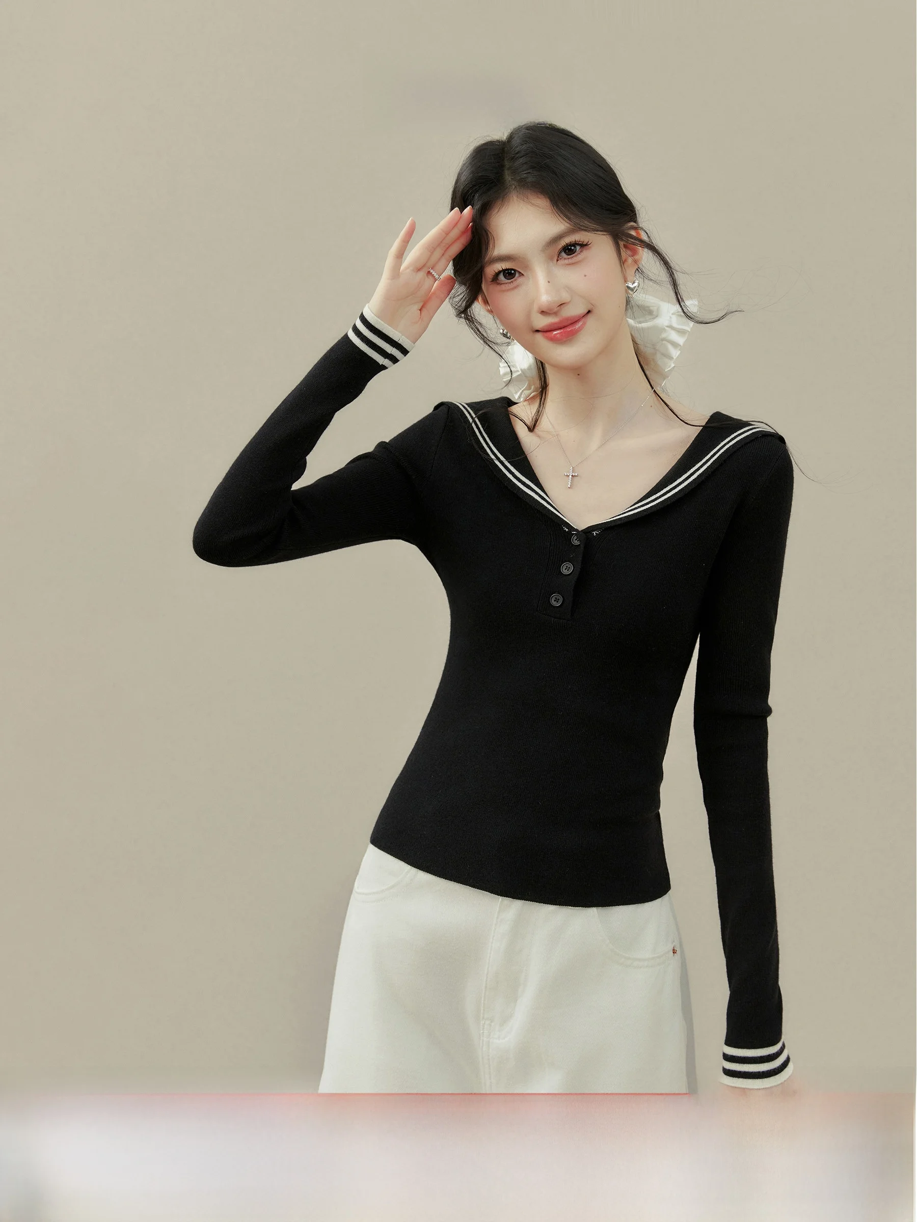

Elegant Long Sleeve Knitwear Navy Collar Women's Fashion plus Size Spring New Style Slimming Personality Spring Summer Top