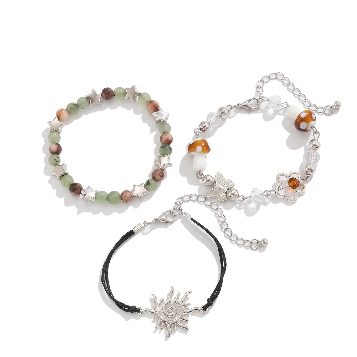 New 3Pcs Kpop Mushroom Butterfly Chain Bracelets Set for Women Summer Wed Bridal Boho Flower Bead Charm Bangles Y2K Jewelry view 5