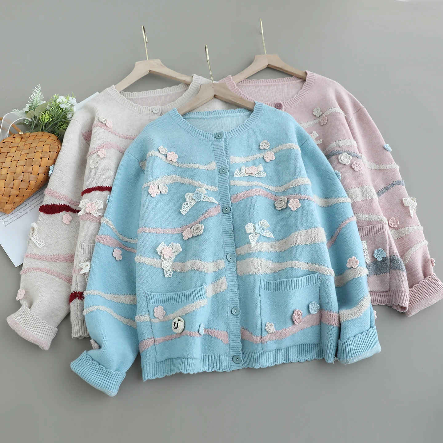 

Japanese Sweet Mori Girl 3D Flower Appliques Sweater Cardigan Outwear Women Long Sleeve Single Breasted Knitted Sweater Coat