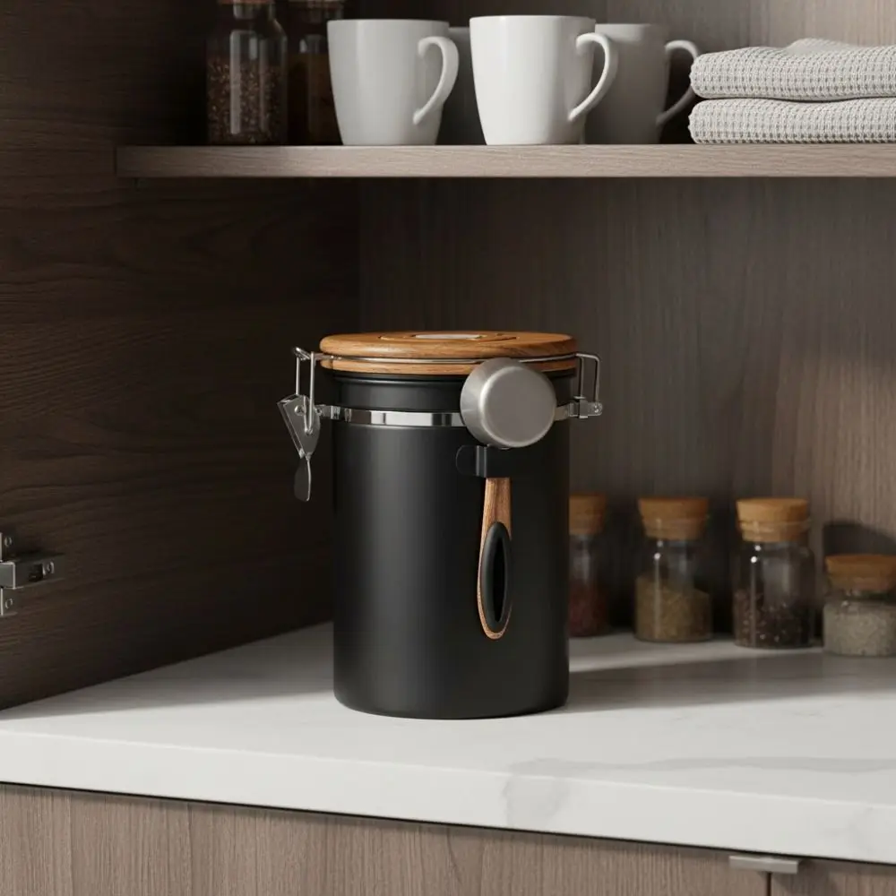 304 Stainless Steel Coffee Bean Storage Tank with Spoon Wood-grain Pattern Lid Tea Leaf Canister Date Tracker Airtight