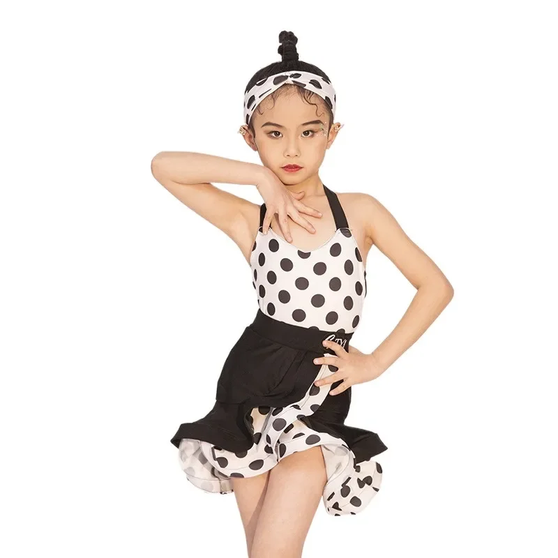 女の子子供サンバサルサチャチャルンバタンゴ服子供競技社交ドレス水玉ラテンアメリカダンスドレス