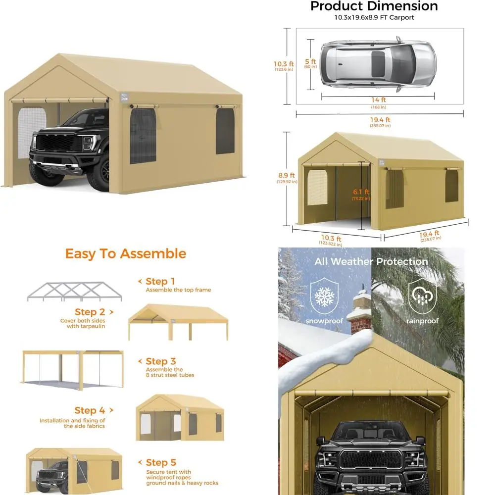 

Carport, портативный гаражный навес для тяжелых условий эксплуатации 10 x 20 футов, навес для карспорта с боковыми стенками, свернутые двери и окна, навес для автомобильного порта, намет Reinf