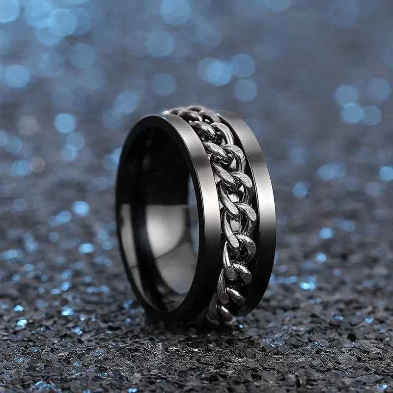 New Personalized European and American Chain Buckle Rotating Design Ring High End Trendy Hip Hop Personalized Fashion Jewelry