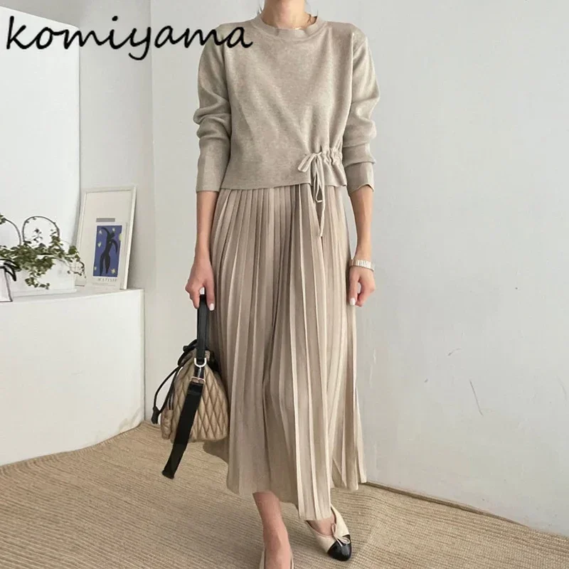 Plisowane Vestidos Mujer Pasek Vestido Koreański Szyk Ropa Mujer Wiosenne Sukienki Damskie z O-neck Sznurek Sweter Pullover