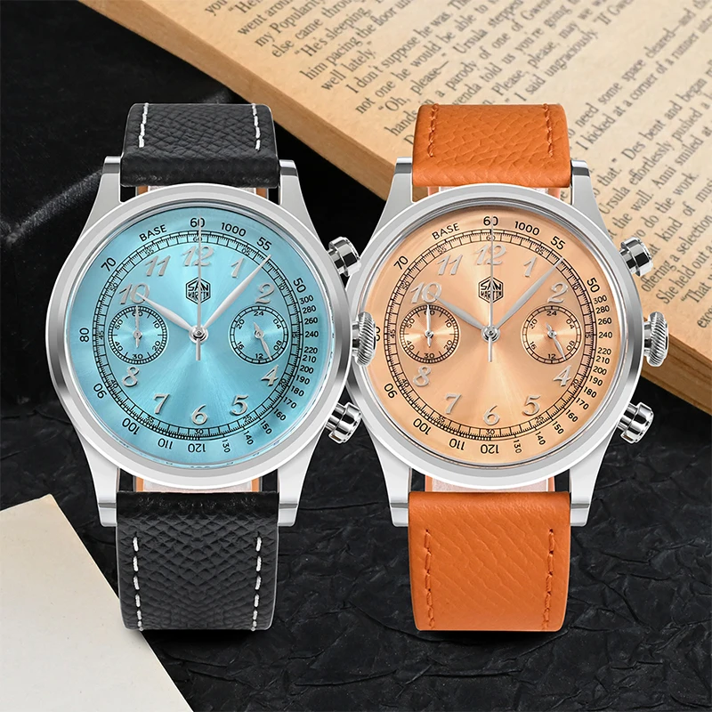 San Martin Men Watch Luxury 38mm Chronograph Quartz Watches Panda Couple Wristwatch 50M Waterproof Quick Release Leather Strap