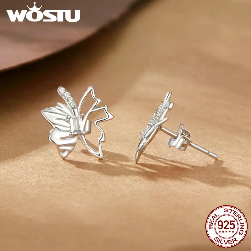 WOSTU 925 Sterling Silver Hollow Butterfly Leaf Stud Earrings For Women Unique Flower Drop Dangle Earring Wedding Party Gift