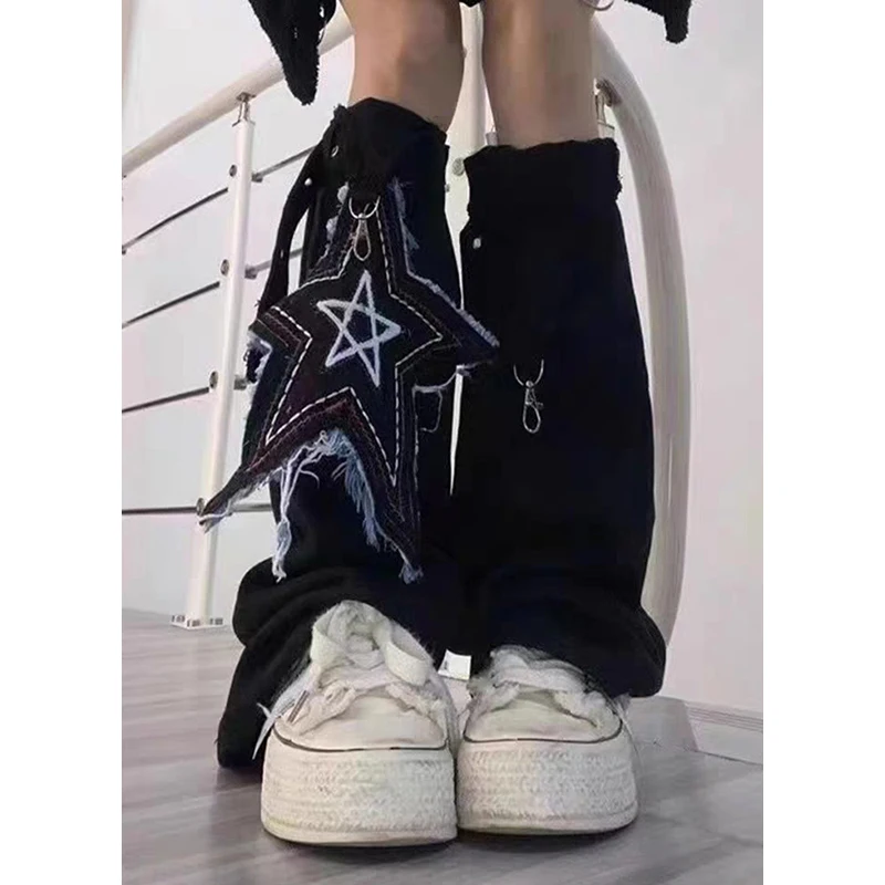

PBAP Vintage Raw Edge Stitch Star Women Leg Warmers Black Washed Belted Asymmetric Denim Flare Boots Cover Grayu Y2k Streetwear