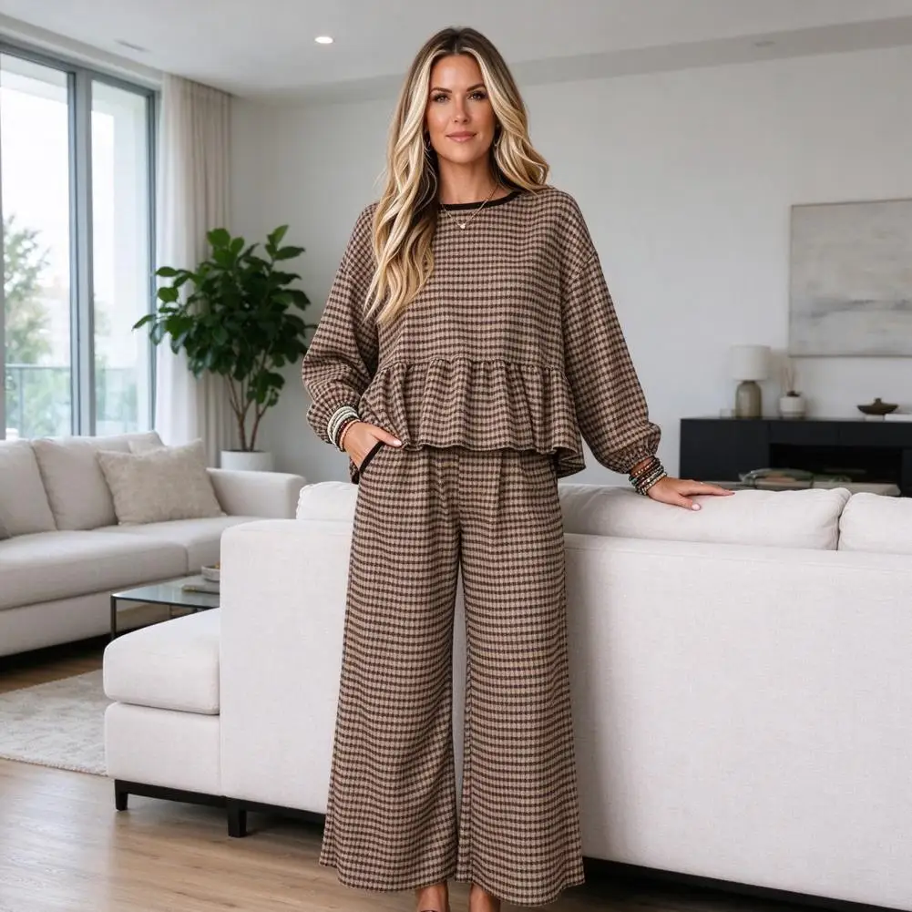 Loose Fit Lounge Wear Women’s Two Piece Outfit Set Plaid Print Long Sleeve Top Loose Fit Pants Comfortable for Spring