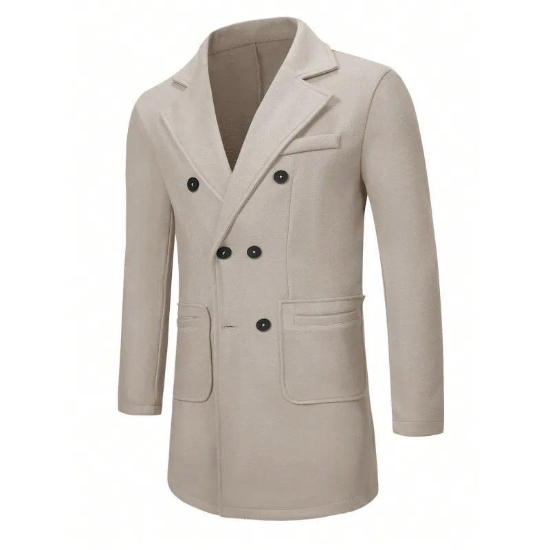 KIDWHXR Herren-Mantel, Herbst-Winter, doppelreihige Jacke aus Wollmischgewebe, Herren, lange Ärmel, mit Taschen, mittellange Länge, lässige Herren-Oberbekleidung. – Detail 10