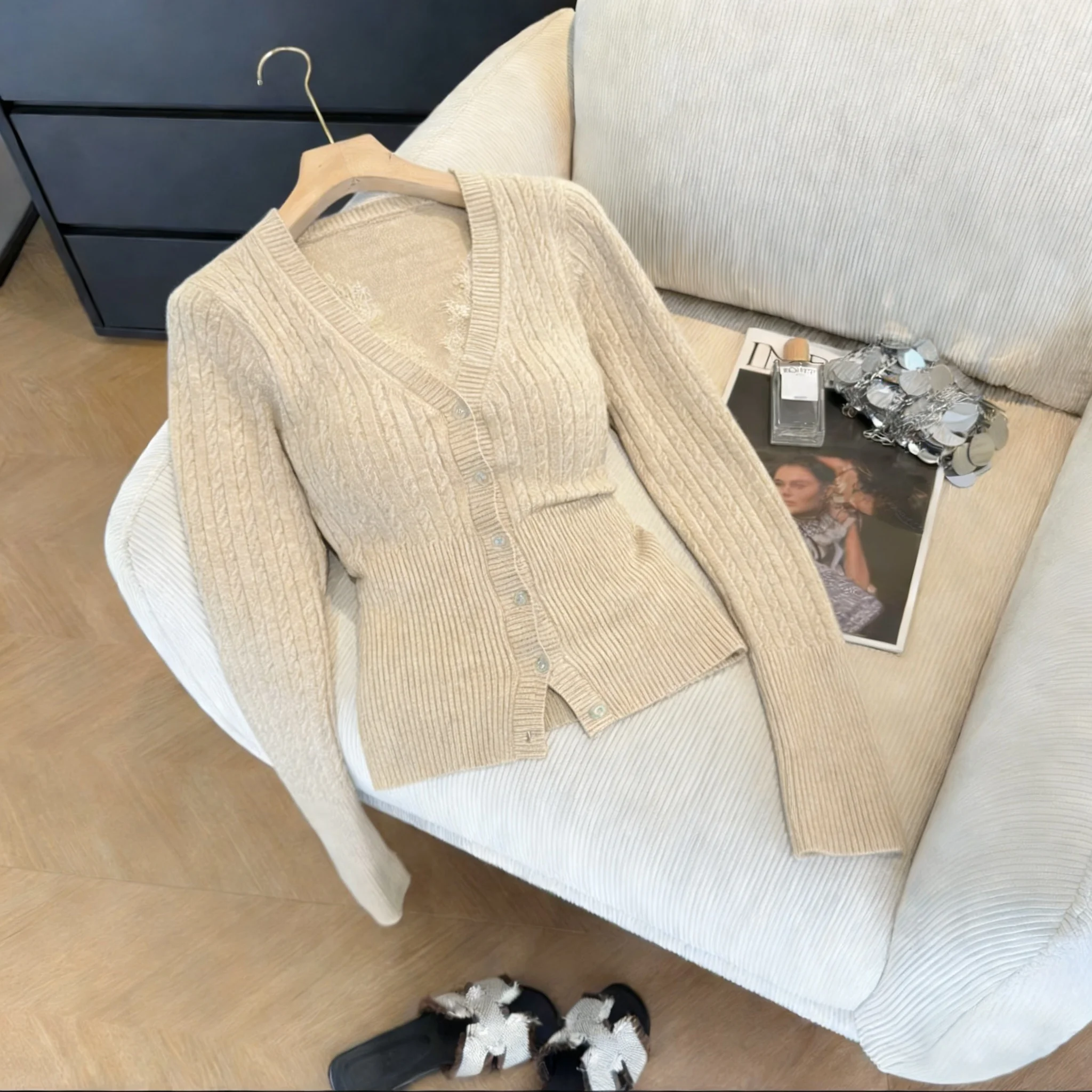 

American Sle Pure Desire Versatile Long Sve Knitted Open Cardigan Women Spring Autumn Design Sense Small Lace Splice Top