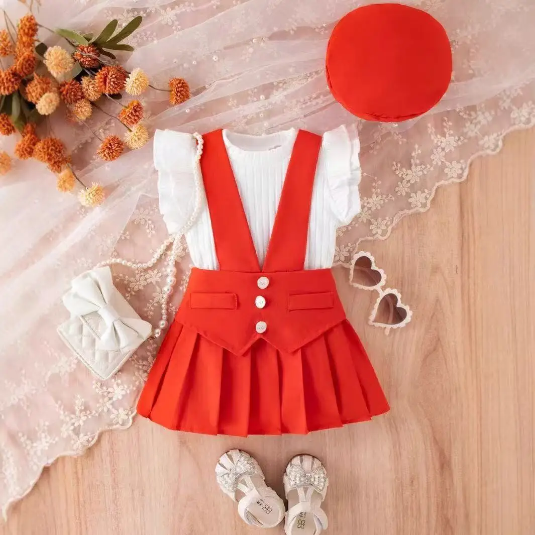 Girls 3Pcs Summer Outfits Ripple Ribbed Flutter Sleeve T-shirt+Suspender Skirt + Hat Set Multi-color Kids Clothes Europe America