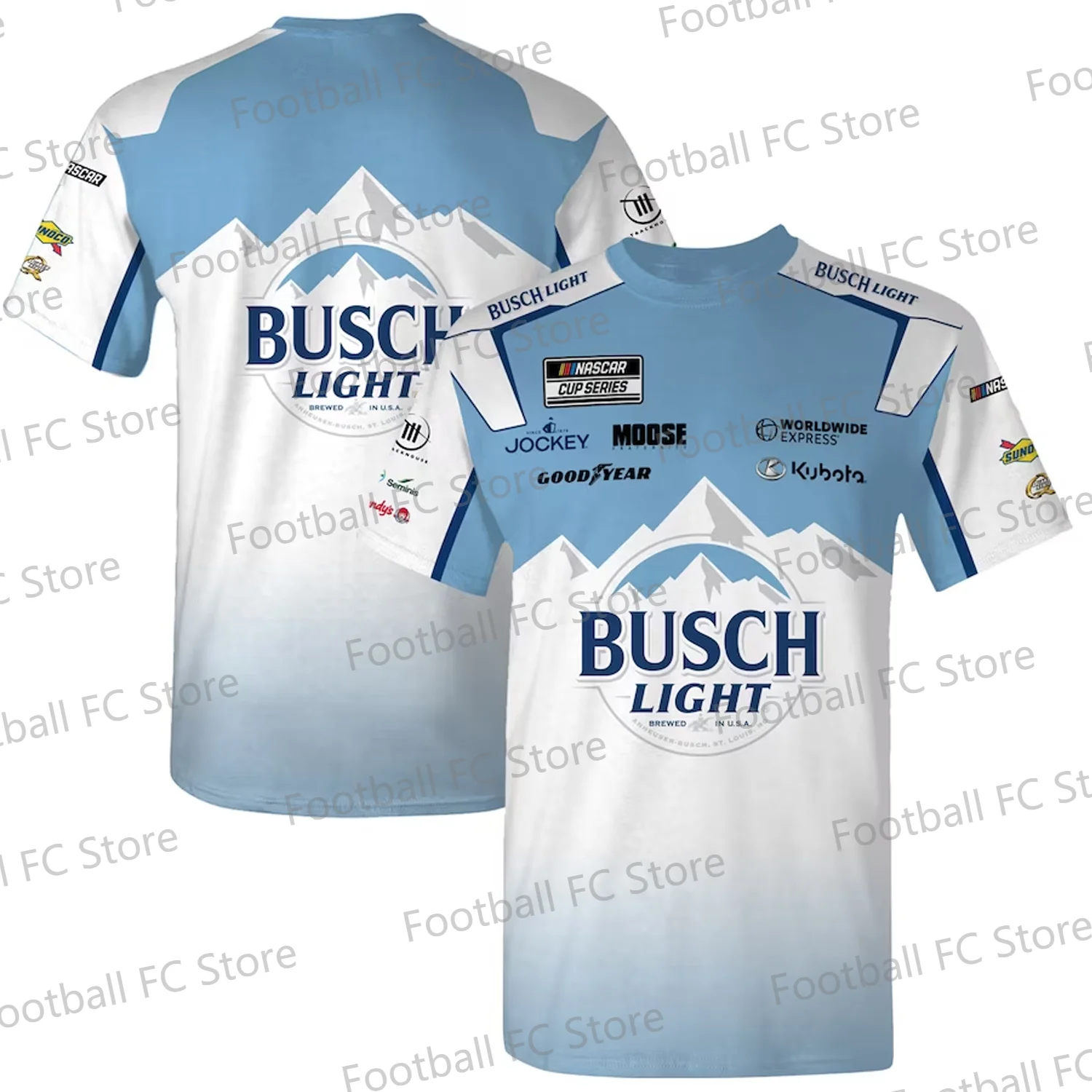 2024 New Summer Ross Chastain Checkered Flag Sports Busch Light Uniform T-Shirt - Light Blue/White