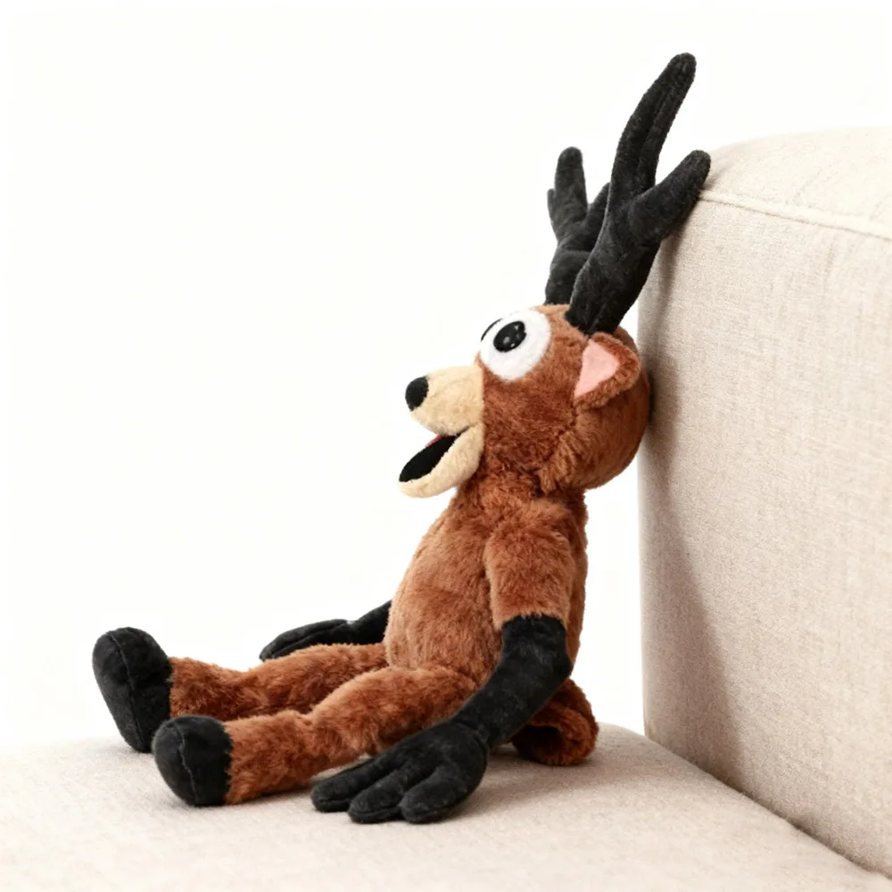 Juguete de peluche de ciervo de peluche: súper suave, huggable con grandes ojos expresivos, astas negras detalladas, cuerpo marrón y extremidades negras