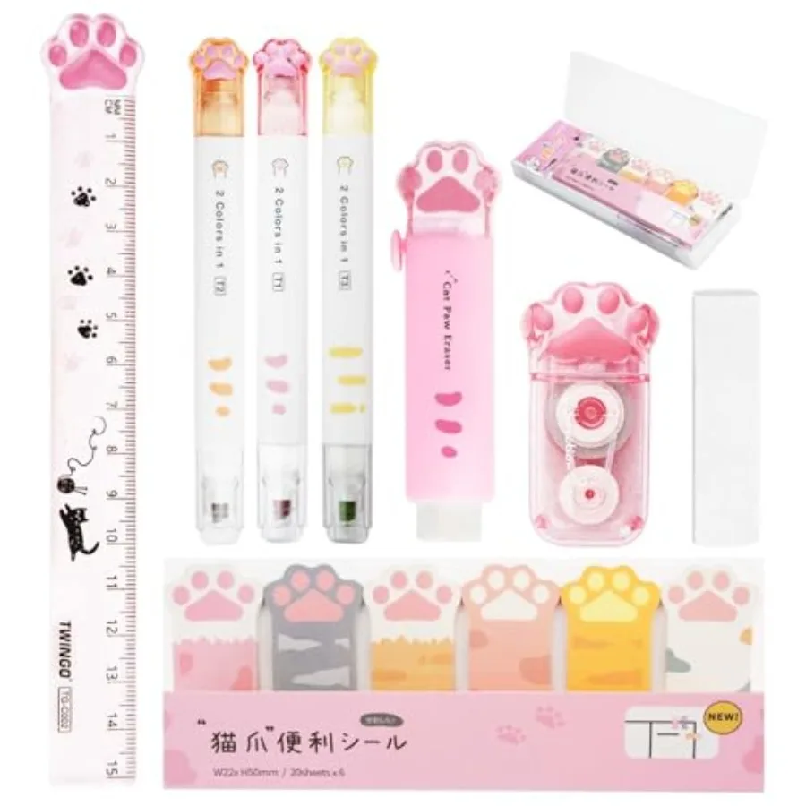 Cat Stationery Set, Cute Stationery Kawaii Retractable Erasers for,Correction Tape Aesthetic, Cat Paw Ruler 15cm, Cute Pens, St
