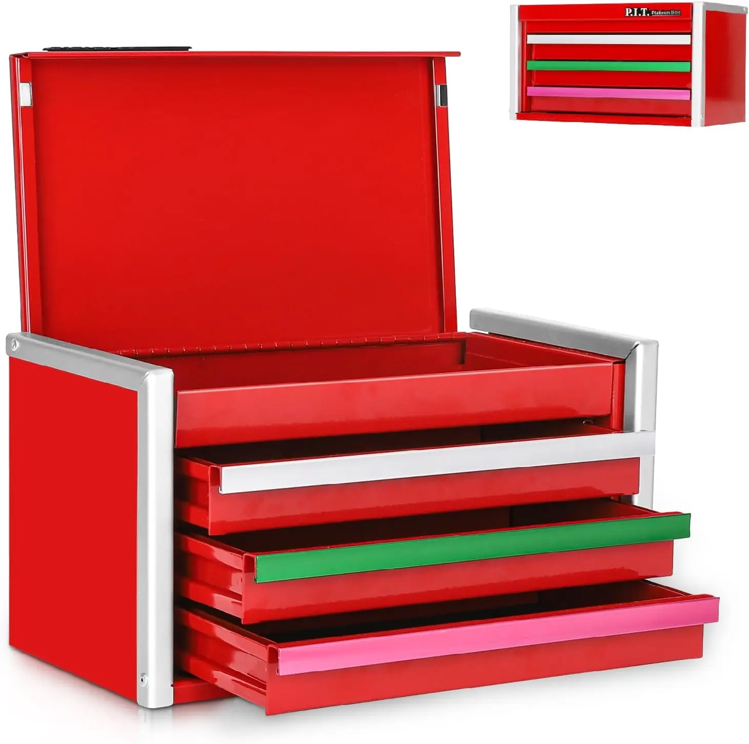 

Mini Red Tool Box, Portable 3 Colorful Drawer Steel Tool Box with Magnetic Tab Locking, Red Micro Top Chest with Liner