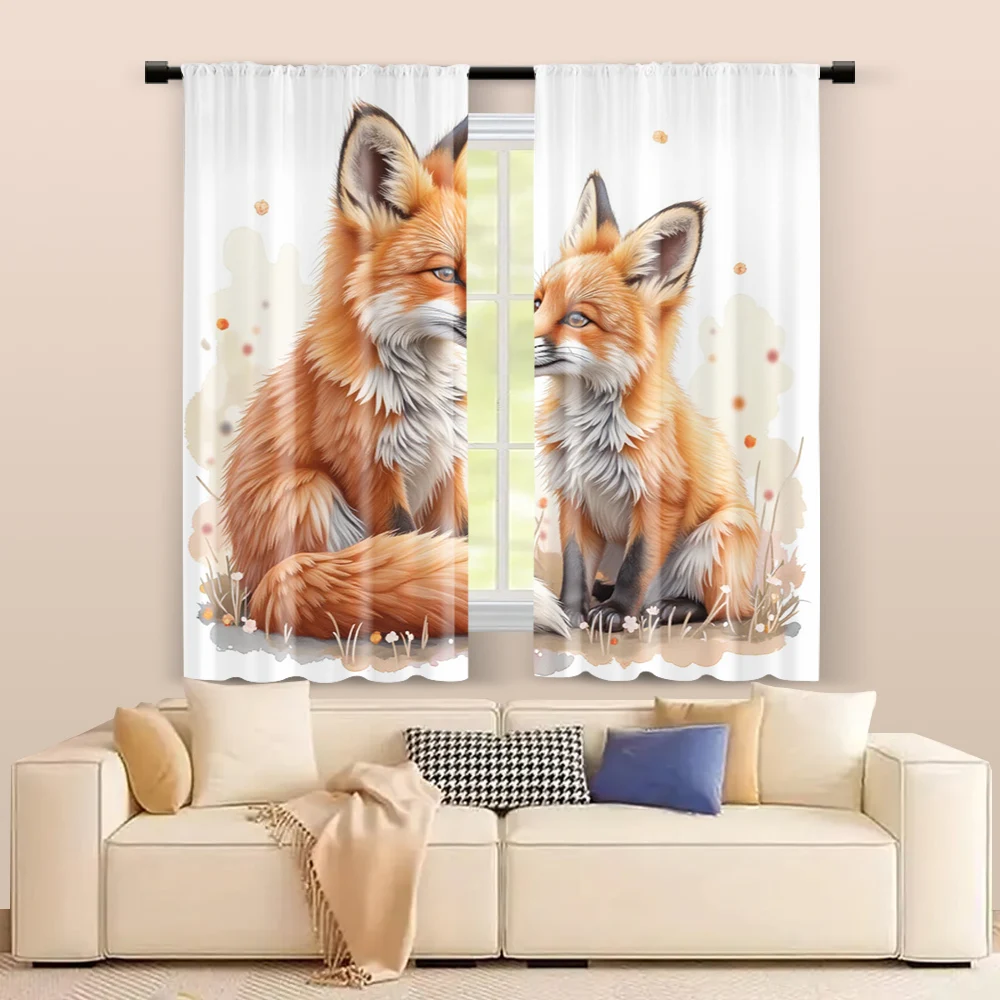 2 pcs, filtering curtains (excluding rods, non-movable, without batteries) Mama Fox And Little Fox for use in bedrooms and