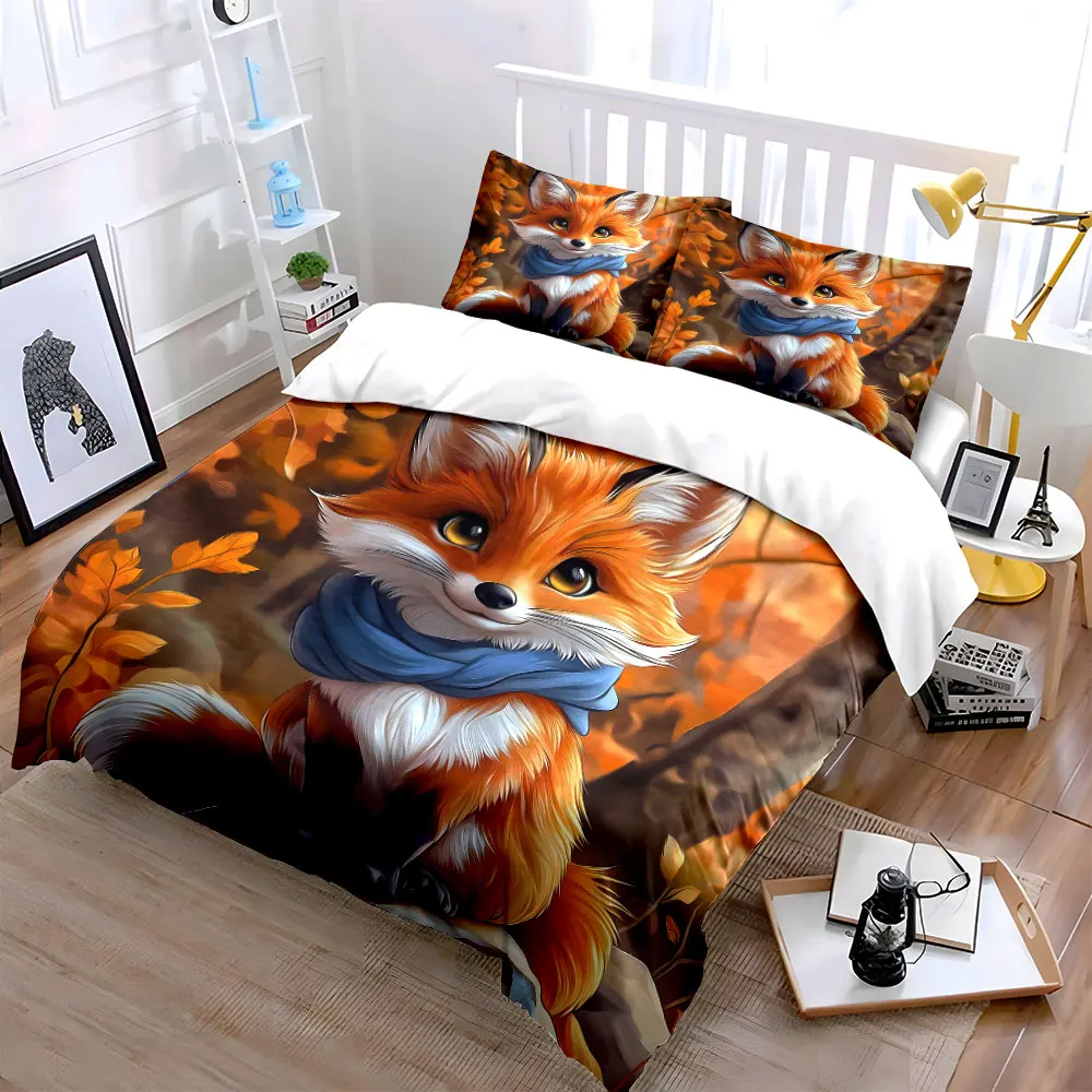 Cute fox with scarf in autumn forest Printed Duvet Cover Set1 Duvet Cover+2 PillowcaseMulti Size Bedroom Bedding Decoration