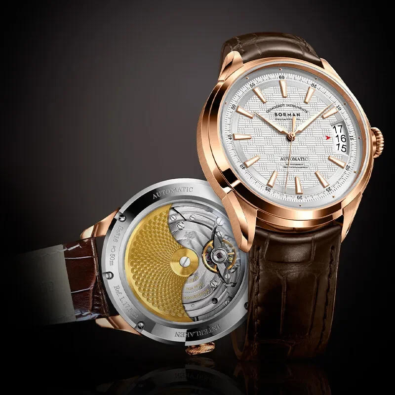 BORMAN Men Automatic Watch Luxury 42.5mm Mechanical Wristwatch 50M Waterproof Sapphire Mirror Grid Dial Luminous Date Windows