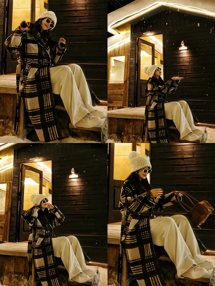 เสื้อโค้ทกันหนาวสำหรับผู้หญิง แขนยาว ความยาวครึ่งน่อง ผ้าขนแกะเทียม ลายสก็อต อุ่น หนา แฟชั่น กระดุมสองแถว