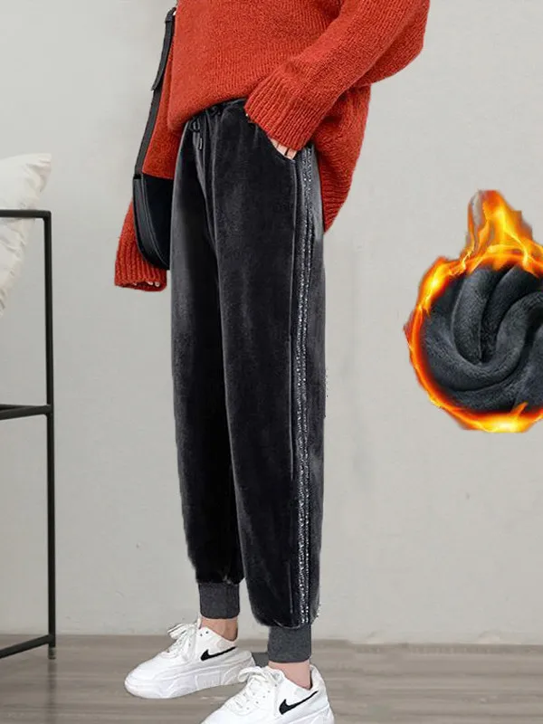 티엔드 Fce 벨벳 안감 스포츠 팬츠 여성용 겨울 따뜻한 BF 하란 스타일 루즈 캐주얼 스웨트팬츠 스트리트 스타일 하이웨이스트 폴리에스터...