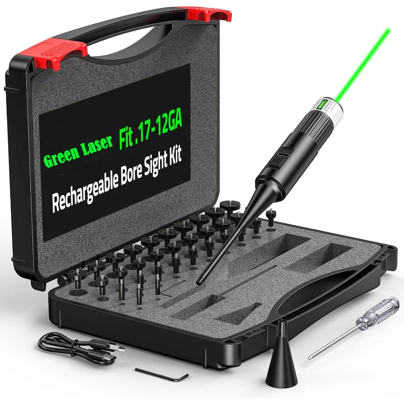 Rechargeable Laser Boresigher Kit 32 Adapters USB Charging .17 .177 .22 to 12GA Laser Collimator