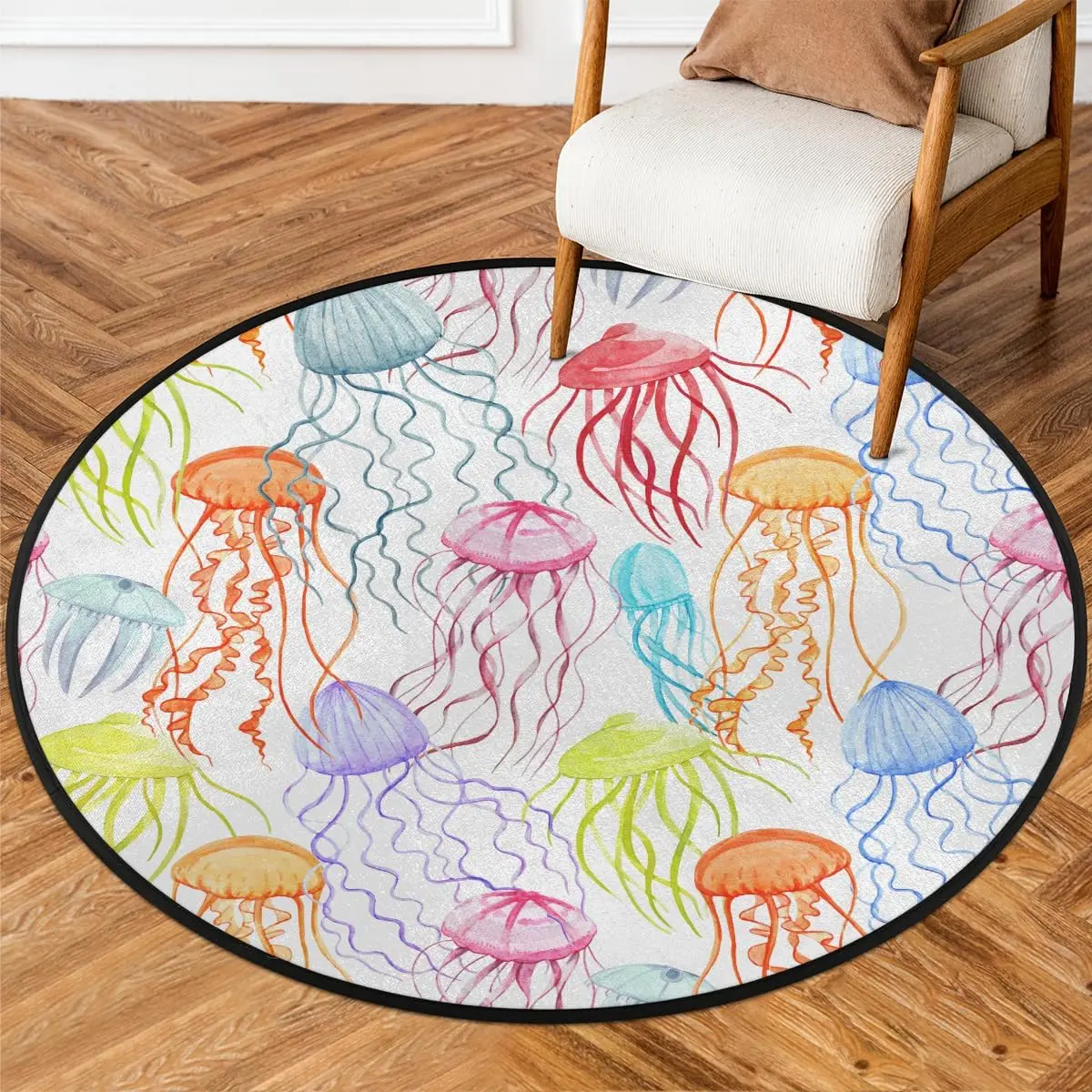 Colorful Jellyfish Round Rug,Washable Soft Circular Floor Mat,Non Slip Low Pile Area Rugs for Kids Room Bedroom Bathroom Laundry