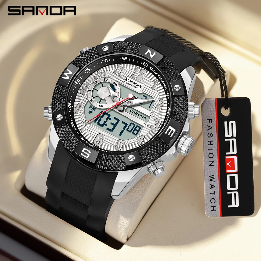 

SANDA 3308 Men Quartz Watch Military Sport Waterproof LED Dual Display Digital Stainless Steel Quartz Wristwatches Mens Relogios