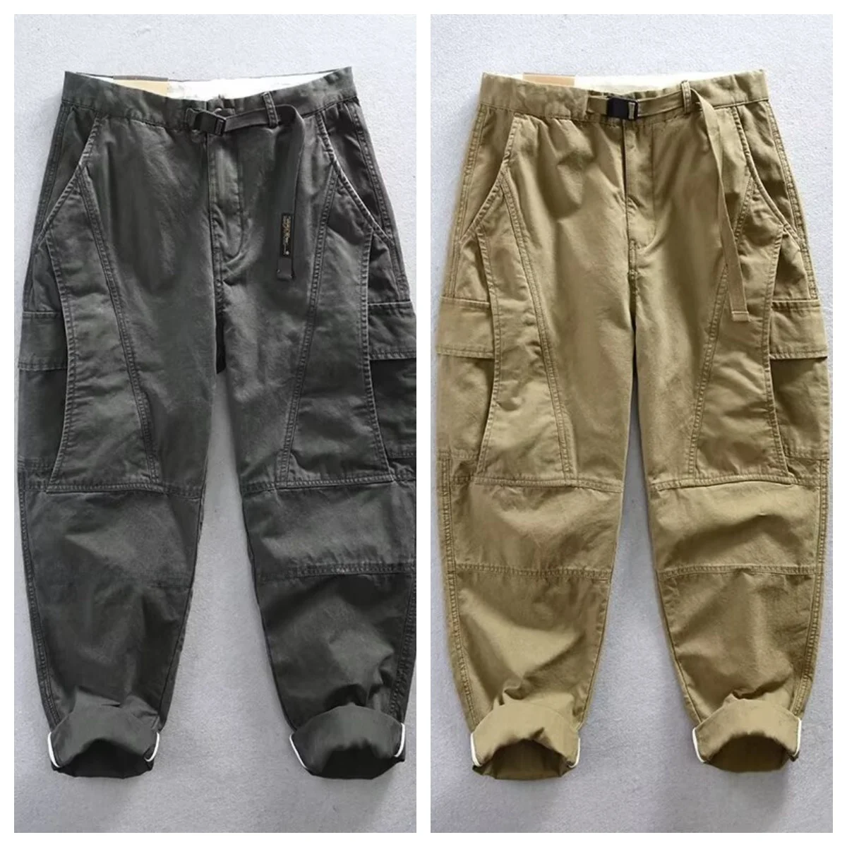 Japanese Style Pure Cotton Work Trousers Khaki Straight Leg Harajuku Pants Men's Loose Casual Waist Belt Labor Protection Pants