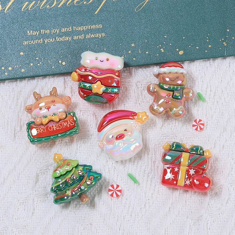 100Pcs Shiny Christmas Cute Gingerbread Man Tree Flat Back Resin Cabochon Scrapbooking For Phone Case Art Decoration Accessories