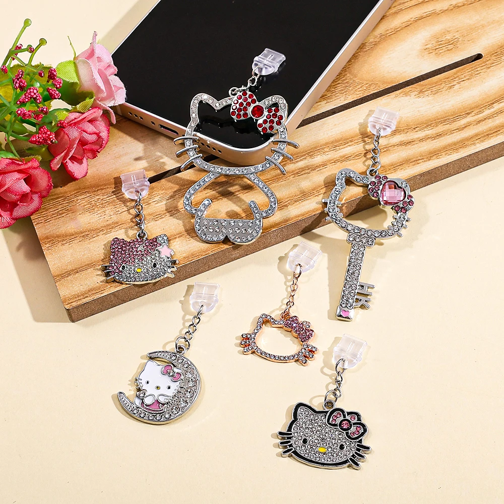 الكرتون مرحبا كيتي حجر الراين الهاتف الغبار التوصيل بلينغ كريستال سماعة جاك سحر مكافحة الغبار التوصيل للفتيات النساء ملحقات الهاتف